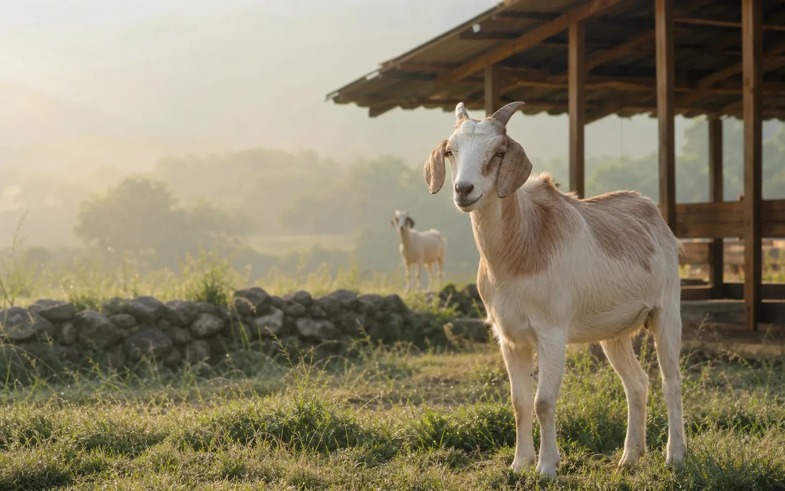 Goats standing near a timber farm shelter