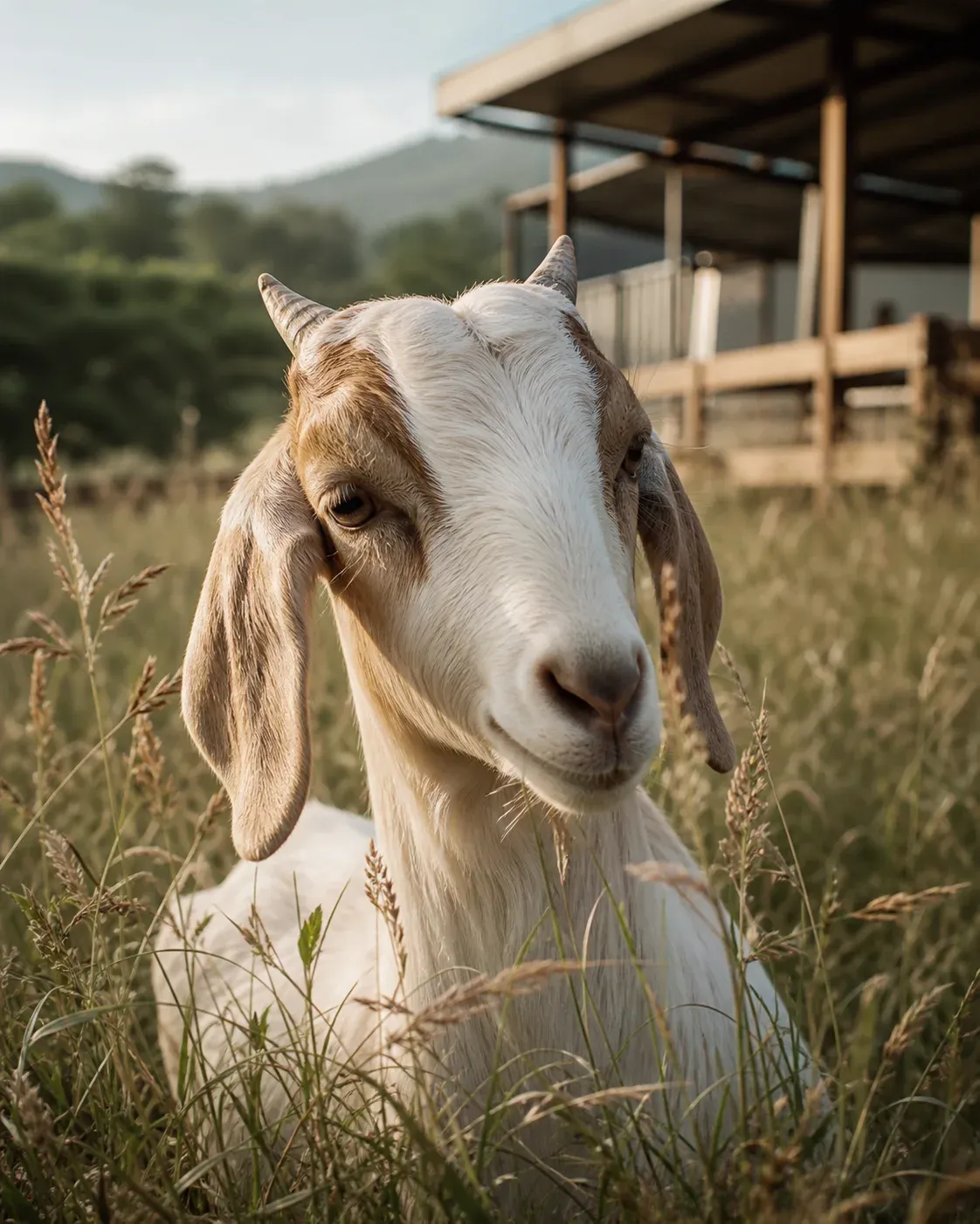 A young goat standing among grasses