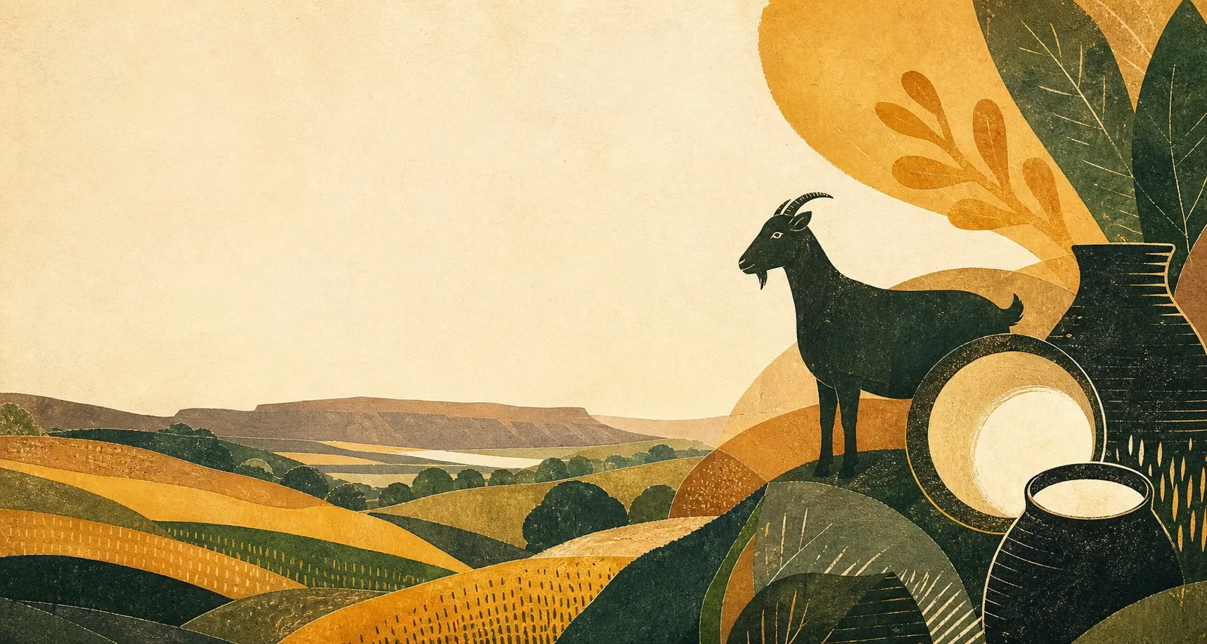 Illustrated rolling landscape with a goat and dairy vessels