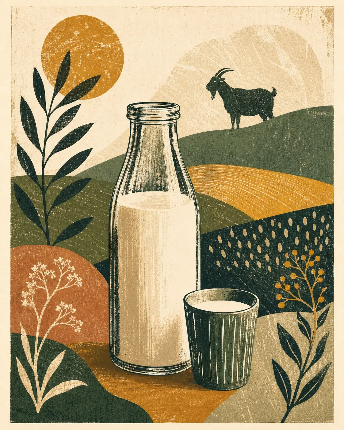 Illustrated milk bottle and cup among abstract fields