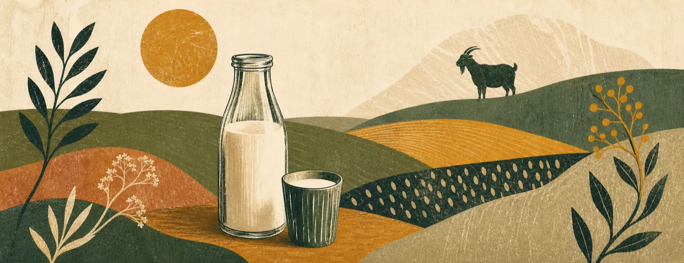 Illustrated milk bottle and cup among abstract fields