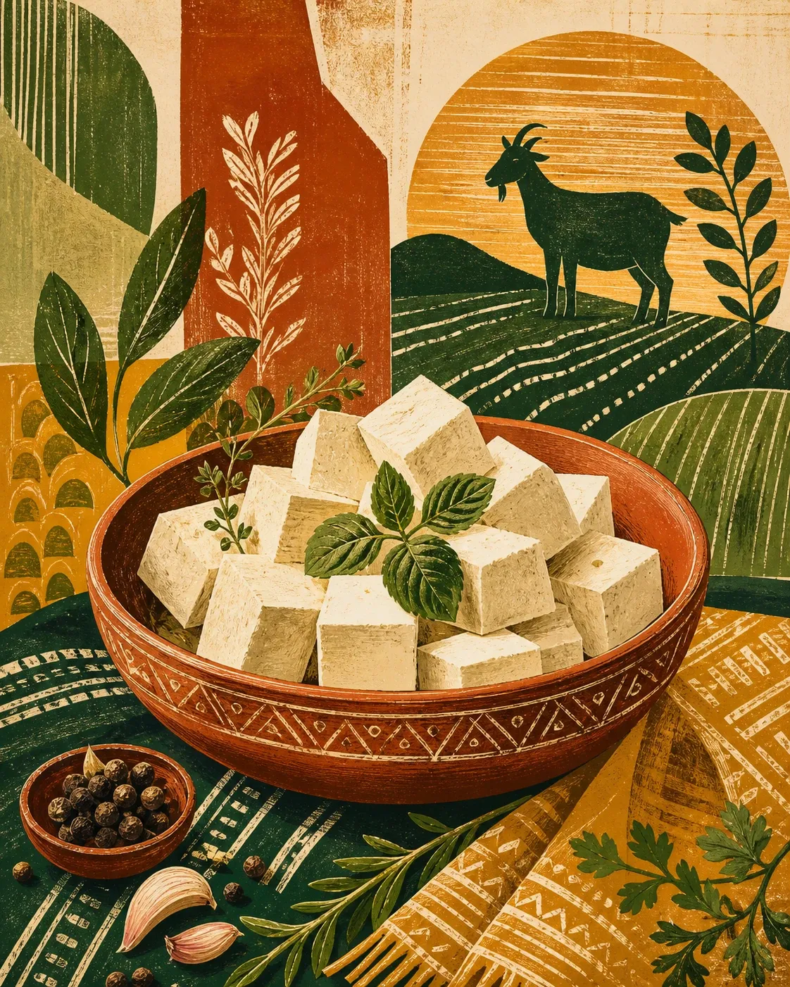 Illustrated serving idea with paneer cubes in a patterned landscape