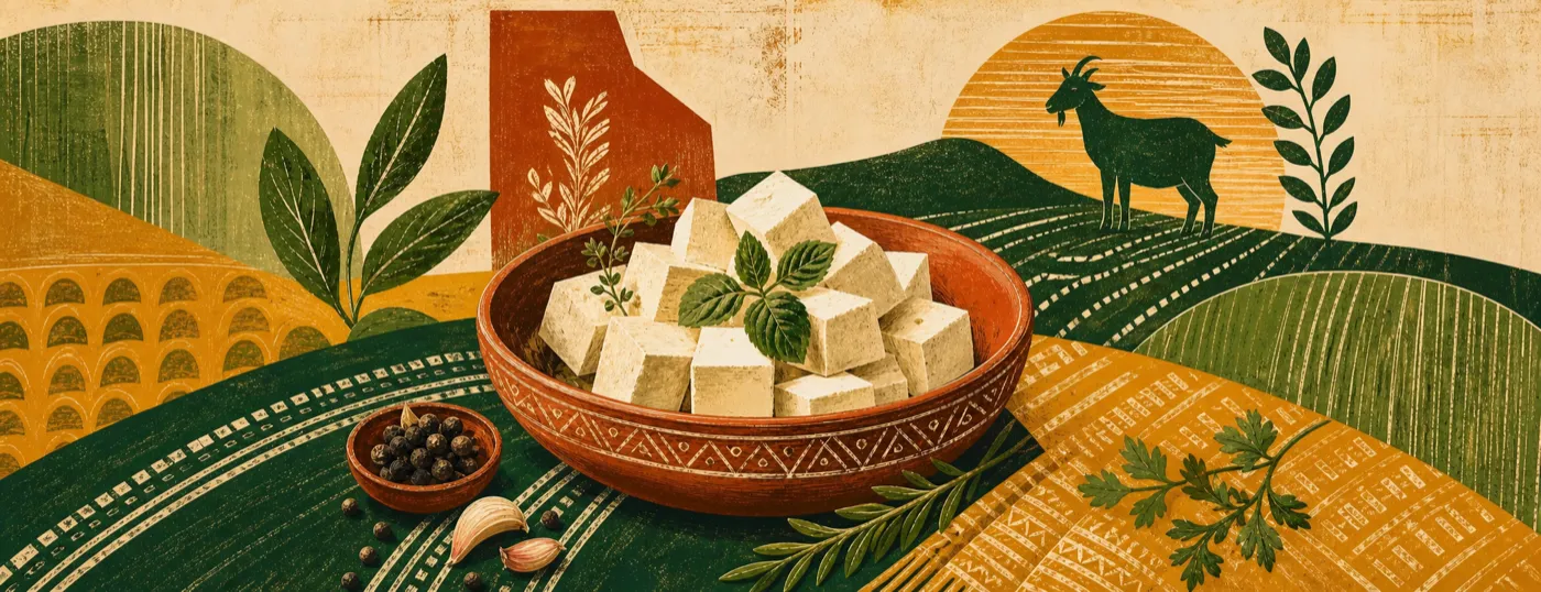 Illustrated serving idea with paneer cubes in a patterned landscape