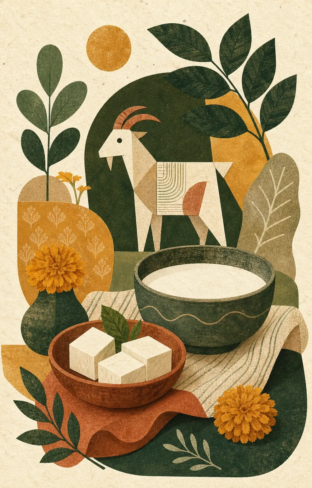 Illustrated goat, milk bowl and paneer still life