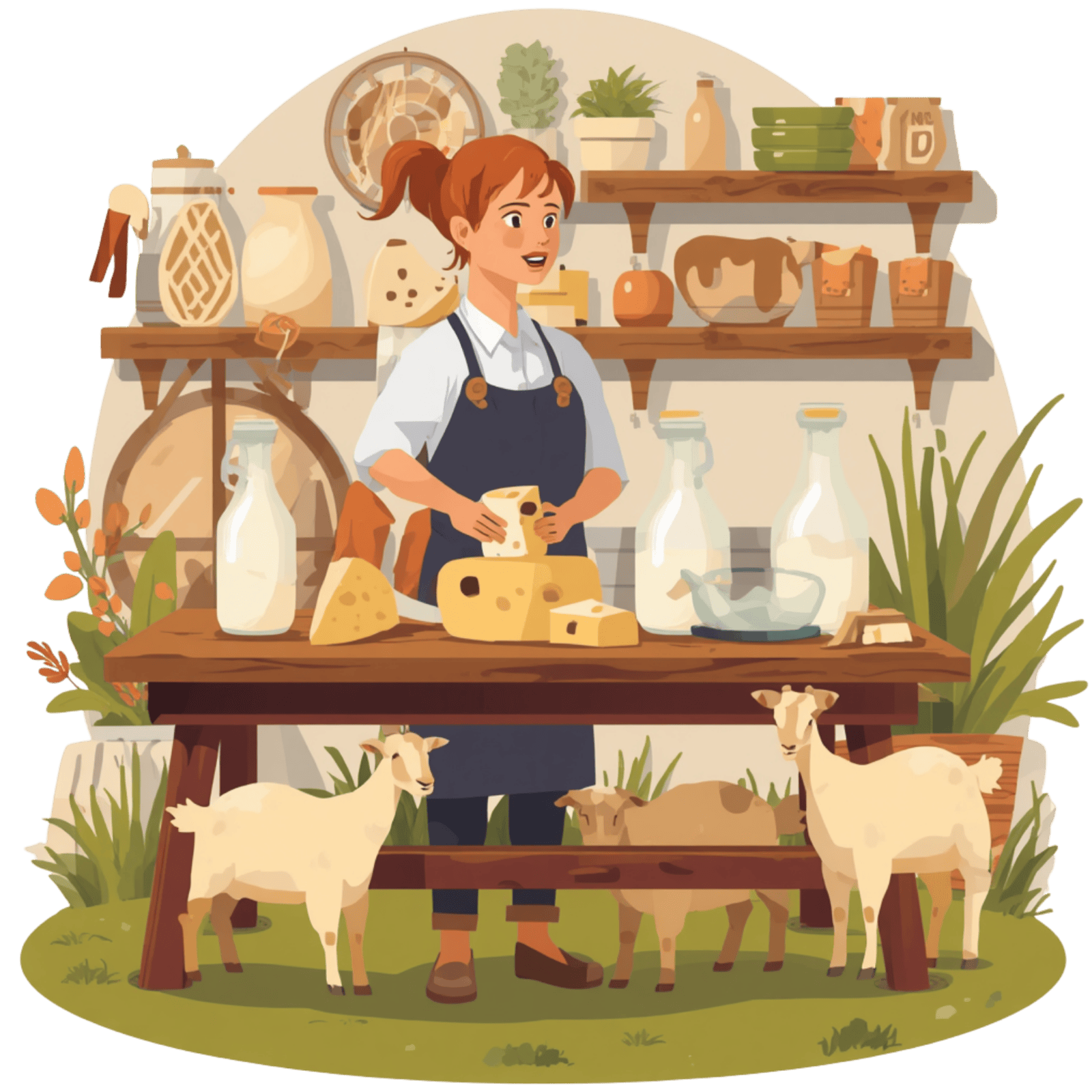 Goat milk and cheese on a farm counter