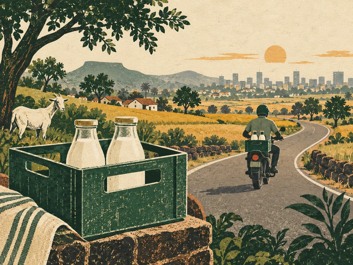 Illustrated fresh goat milk bottles beginning a local delivery journey towards Pune
