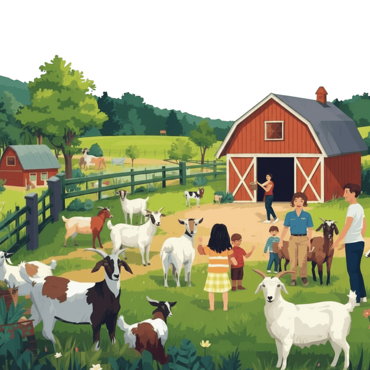 Families visiting goats at a farm